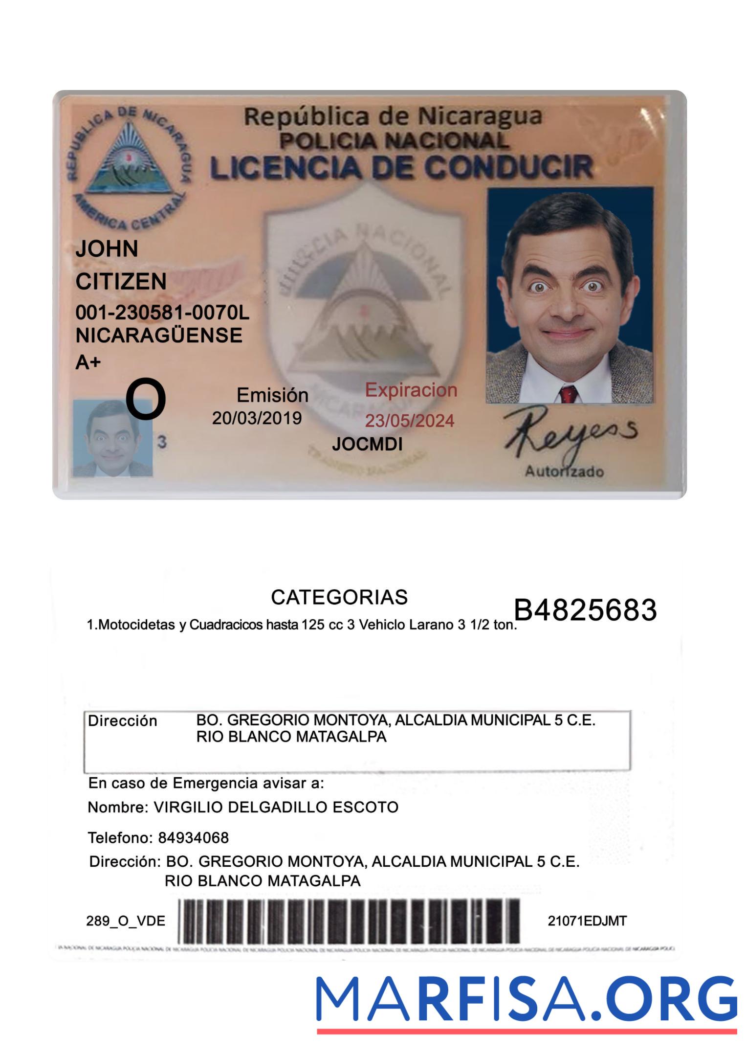 Realistic Nicaragua driving license 2019 present sample